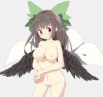  1girl bad_id bare_shoulders big_breasts black_hair black_wings blush bow breasts cape collarbone female grey_background hair_bow large_breasts long_hair nipples nude pussy red_eyes reiuji_utsuho simple_background smile solo takashiru touhou uncensored wings 