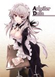  1girl adapted_costume blush breasts cleaning long_hair maid maid_headdress open_mouth purple_eyes rozen_maiden silver_hair solo standing suigintou table tousen wings 