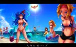  1boy 6+girls :d \\o/ \o/ anklet annotation_request arms_up bandana bandanna barefoot beach bikini blonde_hair blue_hair brown_hair character_request cloud color_(artist) curvy everyone frills front-tie_top groin hand_on_hip high_res highres jewelry kara_(color) lens_flare letterboxed long_hair looking_at_viewer lowleg lowleg_bikini mound_of_venus multiple_girls name_characters navel nude o/ ocean octopus open_mouth outstretched_arms rocbouquet rocbouquet_(saga) romancing_saga romancing_saga_2 saga sea shorts sky smile spirits sun swimsuit tentacle tentacles undressing water wet 