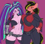  1girl absurd_res anthro aria_blaze_(eg) armor belt breasts cleavage clothed clothing duo ear_piercing elzzombie equestria_girls equid equine eyewear fan_character furry gauntlets gloves hair hand_on_hip handwear hasbro helltaker high_gear_(oc) high_res horse long_hair long_pigtails mammal my_little_pony neck_tie panties piercing pigtails pony suit sunglasses thong underwear 