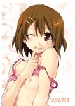  1girl azu blush bra bra_lift breasts brown_eyes brown_hair finger_to_mouth hair_ornament hairclip high_res highres hirasawa_yui k-on! lingerie nipples one_eye_closed smile solo topless underwear wink 