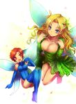  2girls atlus barefoot blonde_hair blue_eyes blue_legwear boots breasts brown_hair cleavage color_(artist) dress elbow_gloves fairy gloves hair insect_wings kara_(color) leotard long_hair megami_tensei multiple_girls persona pixie pixie_(megami_tensei) pointy_ears red_eyes red_hair shin_megami_tensei short_hair size_difference stockings thighhighs titania titania_(megami_tensei) wings 