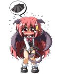  1girl bat_wings blush bow chibi covering covering_crotch d.a demon_tail dress_shirt embarrassed embarrassing female flying_sweatdrops funny hair_ribbon head_wings koakuma long_hair mary_janes no_pants panties pantyshot red_eyes red_hair ribbon shirt shoes skirt socks solo tail tears touhou transparent_background trembling underwear upskirt vest wavy_mouth white_legwear white_panties wings 