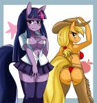  2012 2girls anthro applejack ass blonde_hair blush breasts cleavage clothing equine eyelashes female female_only friendship_is_magic furry green_eyes hair half-closed_eyes hat horn horse looking_at_viewer looking_back multicolored_hair my_little_pony ponytail purple_eyes purple_hair smile sssonic2 tail twilight_sparkle unicorn 