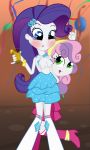  2_girls 2girls assisted_exposure blue_eyes blush boots breasts clothed equestria_girls exposed_breasts friendship_is_magic green_eyes my_little_pony no_bra ohohokapi rarity rarity_(mlp) shirt_lift sisters skirt sweetie_belle sweetie_belle_(mlp) 