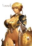 1girl armor big_breasts blonde blonde_hair bottomless breasts copyright_name female_only golden_armor highres human hume lineage lineage_2 lineage_ii looking_at_viewer no_panties parted_lips pubic_hair pussy_hair rennes shield short_hair simple_background slender_waist solo thigh_gap uncensored
