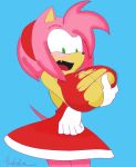  amy_rose big_breasts blue_background bracelet breasts cleavage embarrassing funny green_eyes hairband hedgehog jewelry looking_down pink_hair rodent sega short_hair sonic_(series) surprise torn_clothes torn_clothing wardrobe_malfunction 