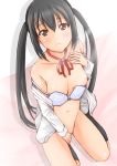  1girl black_hair blush bra breasts brown_eyes k-on! kasumi_seiki lingerie long_hair nakano_azusa navel nipples off_shoulder open_clothes open_shirt pussy pussy_peek ribbon shirt solo strap_slip twin_tails twintails uncensored underwear undressing 