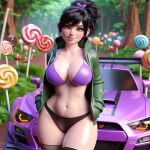 1girl aged_up ai_generated big_breasts big_hips bikini black_hair brown_eyes car disney female_only freckles jacket long_hair looking_at_viewer open_clothes open_jacket ponytail racecar revealing_clothes stockings thick_thighs vanellope_von_schweetz wreck-it_ralph