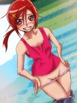  1girl blush female hino_akane panties panty_pull precure pussy red_eyes red_hair shirt smile solo standing underwear 