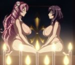  2girls big_breasts breasts candle curvy hairband high_res highres huge_breasts kneeling large_breasts long_hair multiple_girls nipples plump screencap seikon_no_qwaser short_hair stitched thick_thighs thighs topless tsujidou_miyuri yamanobe_tomo 