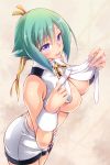  1girl aquarion_(series) aquarion_evol areola_slip areolae ayano_naoto blush breasts from_above green_hair highres purple_eyes revealing_clothes short_hair solo zessica_wong 