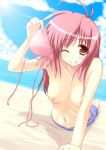  1girl ahoge arm_support barefoot beach blush breasts brown_eyes long_hair lying midriff navel nipples nirap on_stomach one_eye_closed original pink_hair sky smile solo topless water wink 