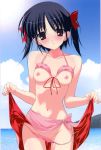  1girl absurd_res absurdres beach bikini bikini_lift black_hair blush breasts brown_eyes cloud front-tie_top fumio fumio_(ura_fmo) hair_ribbon high_res highres navel nipples original red_eyes ribbon sarong short_hair sky solo sun swimsuit twin_tails twintails untied 