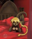 abluedeer audi_(character) bed blonde_hair braid breasts female hair hanging_breasts hindpaw looking_at_viewer on_front otter paws pose solo