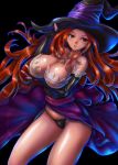1girl black_panties boken_fantasy breasts brown_eyes brown_hair cleavage commentary_request dragon&#039;s_crown elbow_gloves fingerless_gloves gloves hat highres large_breasts long_hair panties solo sorceress_(dragon&#039;s_crown) underwear witch_hat