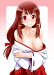 1girl 3: akai_yui bare_shoulders bell big_breasts blush breasts bust clothes_down hair_bell hair_ornament hair_ribbon japanese_clothes jingle_bell large_breasts long_hair low-tied_long_hair miko nipples nose_blush original original_character red_eyes red_hair ribbon solo undressing upper_body youkan