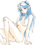  1girl arm_support barefoot blue_eyes blue_hair breasts double_bun elf face forehead_jewel gus_(clarkii) hand_on_knee hand_on_own_knee lips navel nipples no_pussy nude pointy_ears remedia_kalar sketch solo toushin_toshi_iii 