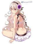  1girl alluring ass barefoot bikini black_hairband butt_crack closed_mouth corrin_(fire_emblem) corrin_(fire_emblem)_(female) dimples_of_venus female_focus fire_emblem fire_emblem_fates fire_emblem_heroes flower frilled_bikini frills from_behind hair_flower hair_ornament hairband haru_(nakajou-28) long_hair looking_at_viewer looking_back nintendo red_eyes simple_background sitting swimsuit twitter_username voluptuous white_background white_hair 
