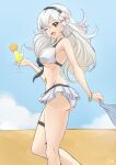  1girl 1girl absurd_res alluring ass beach big_breasts bikini black_hairband breasts cleavage cloud commission corrin_(fire_emblem) corrin_(fire_emblem)_(female) cup day deekei eyebrows_visible_through_hair fire_emblem fire_emblem_fates hair_ornament hairband high_res holding holding_cup juice long_hair looking_at_viewer nintendo one_eye_closed open_mouth pointy_ears red_eyes sand silver_hair skirt sky smile swimsuit thigh_strap tongue voluptuous 