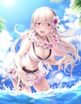 1girl alluring armpits bare_shoulders barefoot bikini bracelet breasts collarbone corrin_(fire_emblem) corrin_(fire_emblem)_(female) fire_emblem fire_emblem_cipher fire_emblem_fates fish grey_hair hair_between_eyes hairband jewelry long_hair mayo_(becky2006) medium_breasts nintendo official_art open_mouth outstretched_arms red_eyes shell shell_bikini sideboob smile swimming swimsuit underwater voluptuous wavy_mouth