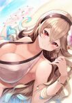  1girl 1girl alluring big_breasts bikini black_hairband blonde_hair breasts cleavage closed_mouth corrin_(fire_emblem) corrin_(fire_emblem)_(female) fire_emblem fire_emblem_fates fire_emblem_heroes flower hair_flower hair_ornament hairband high_res long_hair nakabayashi_zun nintendo pointy_ears red_eyes smile swimsuit upper_body voluptuous wreath 