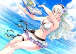 1girl alluring big_breasts bikini black_hairband blue_sky book breasts cleavage cloud corrin_(fire_emblem) corrin_(fire_emblem)_(female) day fire_emblem fire_emblem_fates fire_emblem_heroes flower hair_flower hair_ornament hairband long_hair looking_at_viewer nintendo open_book open_mouth red_eyes sky smile standing swimsuit thigh_strap tombsakura twitter_username voluptuous white_hair wreath