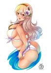  1girl absurd_res alluring artist_name ass big_breasts bikini black_hairband breasts corrin_(fire_emblem) corrin_(fire_emblem)_(female) fire_emblem fire_emblem_fates fire_emblem_heroes flower hair_flower hair_ornament hairband high_res huge_ass long_hair nintendo open_mouth pointy_ears red_eyes revolverwingstudios sideboob simple_background swimsuit voluptuous white_background white_hair 