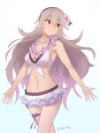 1girl ;d alluring alternate_costume artist_request asymmetrical_bikini asymmetrical_swimsuit bare_arms bare_shoulders beach big_breasts bikini black_hairband blue_bikini blue_swimsuit blush breasts cleavage cloud collarbone corrin_(fire_emblem) corrin_(fire_emblem)_(female) day dutch_angle female_focus fire_emblem fire_emblem_fates fire_emblem_heroes floating_hair flower grey_bikini grey_swimsuit hair_between_eyes hair_flower hair_ornament hairband hands_up happy hibiscus hiyori_(rindou66) laughing long_hair looking_at_viewer midriff navel neck nintendo one_eye_closed open_mouth outside palm_tree pointy_ears red_eyes red_flower round_teeth silver_hair sky smile spiffydc splashing standing sun swimsuit teeth tree upper_body voluptuous wince wink