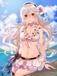  1girl 1girl alluring bikini blush breasts cleavage cloud cloudy_sky collarbone corrin_(fire_emblem) corrin_(fire_emblem)_(female) cowboy_shot day fire_emblem fire_emblem_fates fire_emblem_heroes floating_hair flower flower_wreath frilled_bikini frills hair_between_eyes hair_flower hair_ornament hairband haru_(nakajou-28) high_res lens_flare long_hair looking_at_viewer medium_breasts midriff navel nintendo ocean open_mouth outside red_eyes revision rock silver_hair sitting sky smile sunlight swimsuit thigh_strap thighs voluptuous wavy_hair white_bikini wristband 