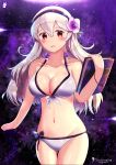  1girl alluring alternate_costume artist_logo artist_name bikini blush book breasts chin_chongcha cleavage collarbone corrin_(fire_emblem) corrin_(fire_emblem)_(female) cowboy_shot fire_emblem fire_emblem_fates fire_emblem_heroes floral_background flower gluteal_fold groin hair_between_eyes hair_flower hair_ornament hairband high_res light_particles long_hair looking_at_viewer medium_breasts navel nintendo open_mouth purple_background red_eyes silver_hair smile swimsuit thigh_gap thighs voluptuous wet white_bikini wristband 