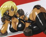  1girl amano_yoki armband armor ass bikini blonde_hair blue_eyes bra breasts collar dark_skin dominatrix elbow_pads gloves harness knee_pads large_breasts leather lingerie one-piece short_hair solo spaulders spikes swimsuit tan tanline thighhighs underwear 