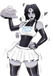  1girl black_hair black_lipstick blush cxlinray dc_comics elbow_gloves english_text female_only forehead_jewel goth goth_ihop hand_on_hip heart holding_plate looking_at_viewer plate rachel_roth raven_(dc) skirt stockings teen_titans text waitress waitress_uniform white_background 