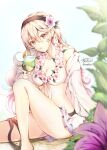  1girl alluring artist_name atoatto bikini black_hairband breasts cleavage corrin_(fire_emblem) corrin_(fire_emblem)_(female) cup drinking drinking_glass drinking_straw fire_emblem fire_emblem_fates fire_emblem_heroes flower hair_flower hair_ornament hairband holding holding_cup long_hair nintendo red_eyes sitting swimsuit voluptuous white_hair wine_glass wreath 
