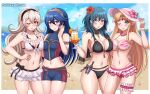 4girls absurd_res alluring artist_name beach big_breasts bikini black_bikini black_hairband blonde_hair blue_eyes blue_hair blue_sky blush breasts byleth_(fire_emblem) byleth_(fire_emblem)_(female) cleavage closed_mouth cloud commission corrin_(fire_emblem) corrin_(fire_emblem)_(female) cup day drinking_glass drinking_straw female_focus fire_emblem fire_emblem:_three_houses fire_emblem_awakening fire_emblem_cipher fire_emblem_fates fire_emblem_heroes flower glass hair_flower hair_ornament hairband hat hat_flower high_res holding holding_cup long_hair looking_at_viewer lucina_(fire_emblem) medium_breasts multiple_girls navel nintendo one_eye_closed outside parted_lips patdarux pointy_ears princess_zelda red_eyes sky smile standing super_smash_bros. swimsuit teal_hair the_legend_of_zelda the_legend_of_zelda:_a_link_between_worlds under_boob voluptuous water white_hair wink wreath