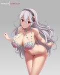  1girl alluring alternate_breast_size artist_name bangs bare_arms bare_shoulders big_breasts black_hairband breasts cleavage closed_mouth collarbone corrin_(fire_emblem) corrin_(fire_emblem)_(female) dakkalot fire_emblem fire_emblem_fates hair_between_eyes hairband layered_bikini leaning_forward long_hair looking_at_viewer naked_from_the_waist_down nintendo red_eyes see-through shell shell_bikini silver_hair smile starfish_hair_ornament stomach thighs very_long_hair voluptuous 