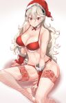 1girl alluring big_breasts breasts cleavage closed_mouth corrin_(fire_emblem) corrin_(fire_emblem)_(female) fire_emblem fire_emblem_fates fur_trim gloves h.pn hairband hat high_res long_hair nintendo pointy_ears pom_pom_(clothes) red_eyes red_headwear santa_hat simple_background sitting voluptuous white_hair