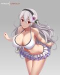  1girl 1girl alluring alternate_breast_size artist_name bangs bare_arms bare_shoulders big_breasts bikini black_hairband breasts cleavage closed_mouth collarbone corrin_(fire_emblem) corrin_(fire_emblem)_(female) dakkalot fire_emblem fire_emblem_fates fire_emblem_heroes flower frilled_bikini frills front-tie_bikini front-tie_top hair_between_eyes hair_flower hair_ornament hairband hibiscus layered_bikini leaf leaning_forward long_hair looking_at_viewer navel nintendo purple_flower red_eyes ribbon silver_hair smile stomach swimsuit thighs very_long_hair voluptuous white_bikini white_ribbon 