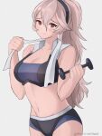  1girl absurd_res alluring bra breasts cleavage closed_mouth corrin_(fire_emblem) corrin_(fire_emblem)_(female) dumbbell female_abs female_focus fire_emblem fire_emblem_fates fit_female grey_background high_res long_hair medium_breasts nintendo panties ponytail red_eyes simple_background smile standing tommy_(kingdukeee) twitter_username underwear voluptuous weightlifting weights white_hair 