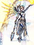 1girl ai_generated angel_wings armor blizzard_entertainment blonde_female blonde_hair clothed_female female female_only heroine mercy_(overwatch) overwatch overwatch_2 pixai pooplool slim slim_legs sole_female solo_female wearing_armour