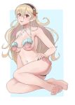  1girl 1girl alluring barefoot big_breasts black_hairband blonde_hair blue_background breasts corrin_(fire_emblem) corrin_(fire_emblem)_(female) fire_emblem fire_emblem_cipher fire_emblem_fates full_body hairband high_res long_hair nintendo open_mouth parted_lips pointy_ears red_eyes shell shell_bikini simple_background sitting smile spiffydc twitter_username voluptuous 