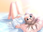  1girl animal_ears bed blue_eyes bottomless breasts brown_hair cleavage hentai no_pants panties pillow solo striped striped_panties underwear wallpaper 