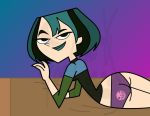 ass black_eyes black_hair bottomless breasts cartoon_network dyed_hair goth green_hair green_lipstick gwen_(tdi) hourglass_figure laying_down pale-skinned_female pale_skin panties purple_panties sexy skull_print thick_ass thick_legs thick_thighs total_drama_island two_tone_hair wasp_waist
