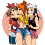  3_girls :d :o ;) arm_around_neck arms ass back bandana bangs bare_arms bare_legs bare_shoulders beanie bike_shorts black_dress blue_eyes blue_hair blush breast_grab breasts brown_eyes brown_hair camisole clenched_teeth clothed dawn denim denim_shorts dress friends gloves grin group_hug gym_leader hair_ornament harem haruka_(pokemon) hikari_(pokemon) hips hugging kakkii kasumi_(pokemon) legs long_hair looking_at_another looking_at_viewer looking_back love may medium_breasts misty multiple_girls mutual_yuri naughty_face nintendo one_eye_closed open_mouth orange_hair pink_skirt pokemon pokemon_(anime) pokemon_(game) pokemon_dppt pokemon_frlg pokemon_rgby pokemon_rse pulling red_bandana red_bandanna red_shirt shirt short_hair short_shorts short_sleeves shorts shoulders side_ponytail skirt sleeveless small_breasts smile standing suspenders teeth threesome undressing wink yuri 