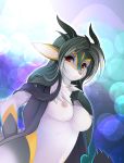 1girl 2011 abstract_background big_breasts breasts chest_tuft facial_markings female female_only furry hair horn hybrid long_hair looking_at_viewer markings nipples obsidian_(character) red_eyes smile solo_female tsampikos