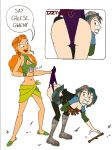  ass black_eyes black_hair breasts butt_crack cartoon_network cleavage curly_hair dyed_hair embarrassing erect_nipples goth green_eyes green_hair green_lipstick gwen_(tdi) hourglass_figure izzy_(tdi) maguppy_puppy multicolored_hair navel orange_hair pale-skinned_female panties panty_pull prank printed_panties purple_panties skirt_lift skull skull_print stockings surprise thick_ass thick_legs thick_thighs total_drama_island two_tone_hair underwear wasp_waist wedgie 