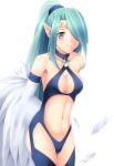  1girl aqua_hair arms_behind_back bare_shoulders belly blush body_blush breasts character_request circlet cleavage collarbone duel_monster feathers female gem hair hair_over_one_eye harpie_queen harpy highres komimiyako komitsu long_hair long_image looking_at_viewer midriff monster_girl navel pointy_ears ponytail purple_eyes shiny shiny_hair shiny_skin simple_background smile solo standing tall_image thighhighs very_long_hair white_background wings yu-gi-oh! yuu-gi-ou yuu-gi-ou_duel_monsters 