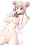  1girl ar_tonelico ar_tonelico_iii belly blonde_hair blush bow bowtie braid breasts censored gust hair hair_ornament highres kamoto_tatsuya lying midriff naked_thighhighs navel nude on_back pointless_censoring purple_eyes pussy saki_(ar_tonelico) solo stockings thighhighs twin_braids white_legwear white_thighhighs 