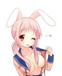  1girl :p ;p animal_ears blush breasts bunny_ears copyright_request highres long_hair looking_at_viewer mucha nipples one_eye_closed open_clothes open_shirt piyodera_mucha shirt simple_background smile solo tongue tongue_out white_background wink 