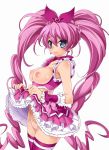  1girl blue_eyes bow breasts breasts_outside cure_melody earring earrings hairless_pussy hibiki_houjou houjou_hibiki jewelry katsuma_rei katsuma_rei_(artist) long_hair magical_girl nipples no_bra no_panties pink_bow pink_hair precure pussy simple_background skirt skirt_lift solo stockings suite_precure thighhighs twin_tails twintails uncensored white_background 